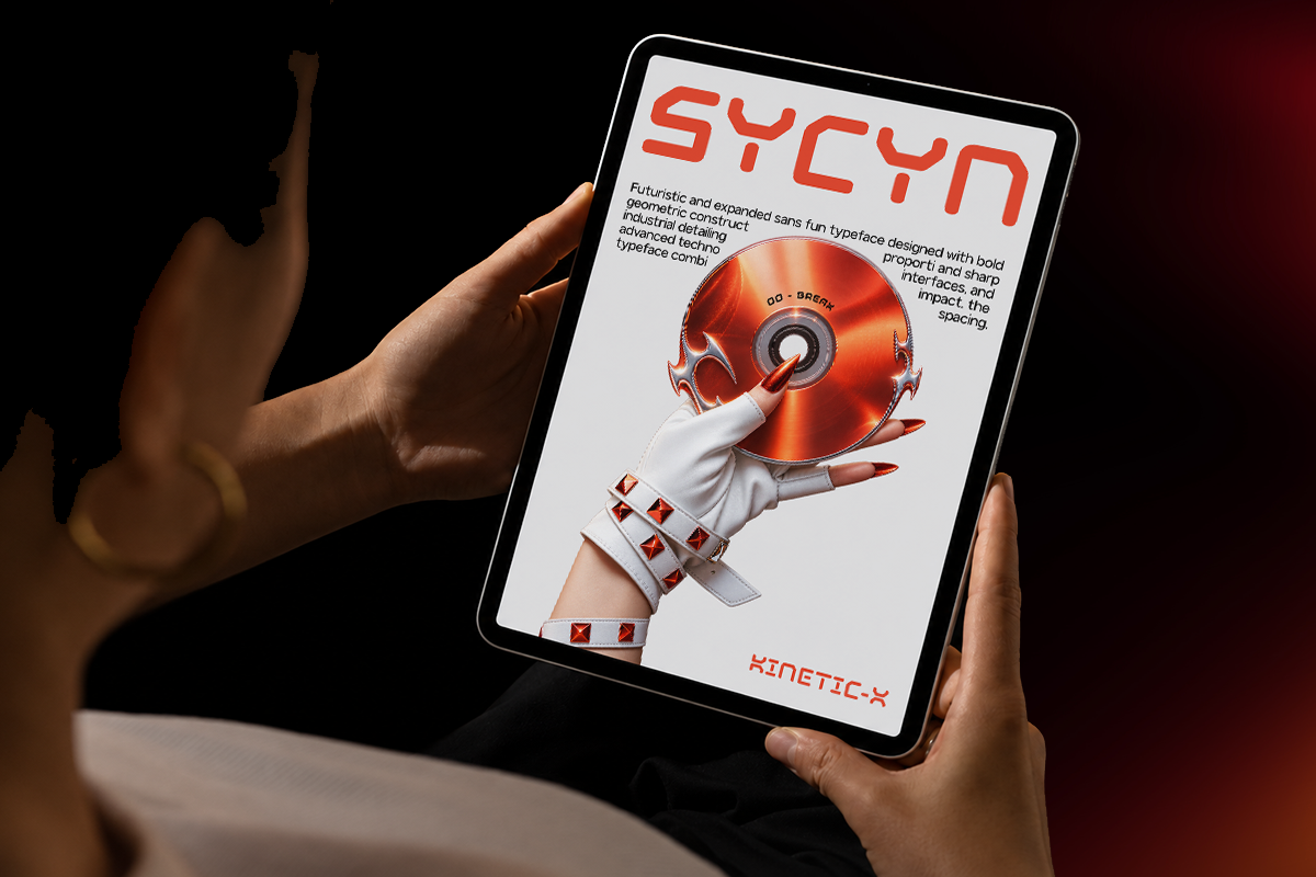 Hands holding tablet displaying SYCYN font poster with red CD, white gloved hand, geometric type design