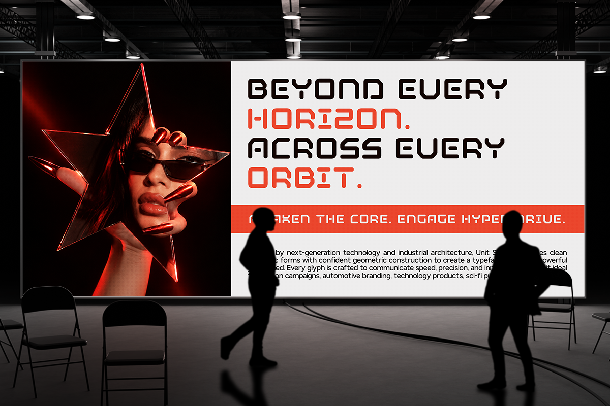 Futuristic billboard mockup with neon star, bold geometric typography in red, tech-forward design for presentations