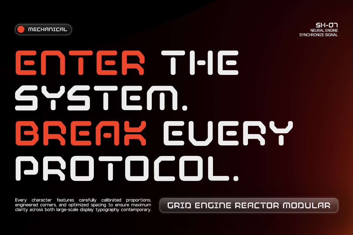 Bold sci-fi font with neon red letters on dark background, futuristic tech vibes