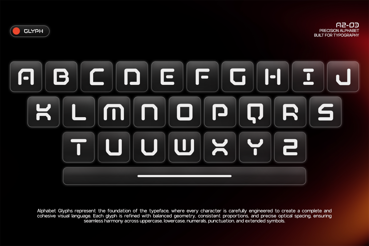Glyph A2-09 geometric typeface with full alphabet set in dark rounded buttons
