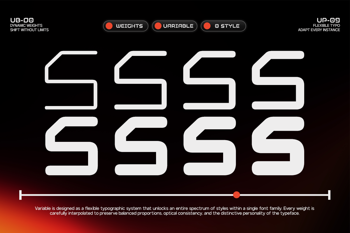 Variable font showing eight S letterforms in different weights, white on black with red UI controls