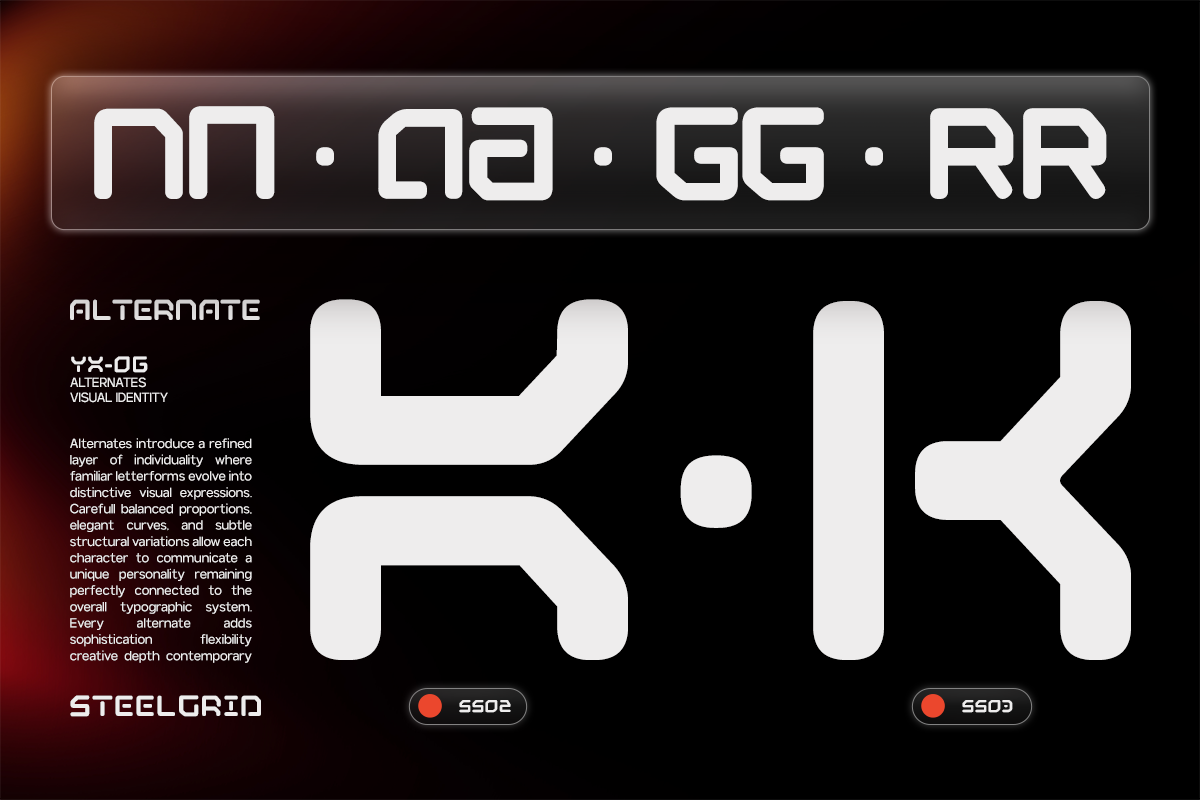 Steelgrid font alternate character set showing rounded geometric letterforms with variations