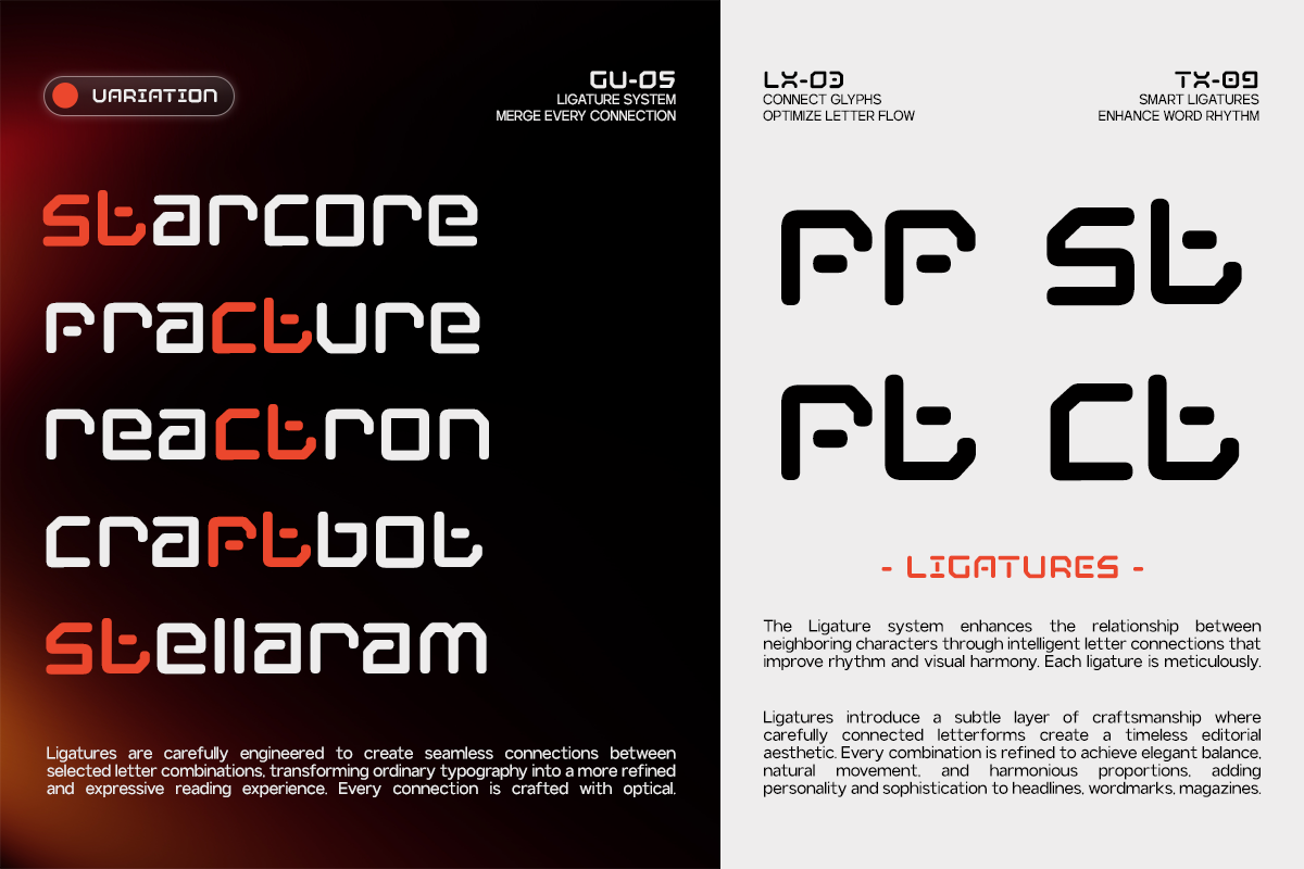 Variation font showcasing four typeface weights with ligature system examples on dark red background