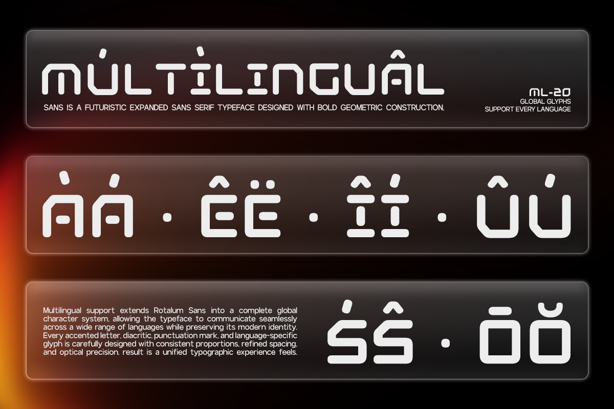 ML-20 multilingual sans serif font with bold geometric letters shown in multiple scripts