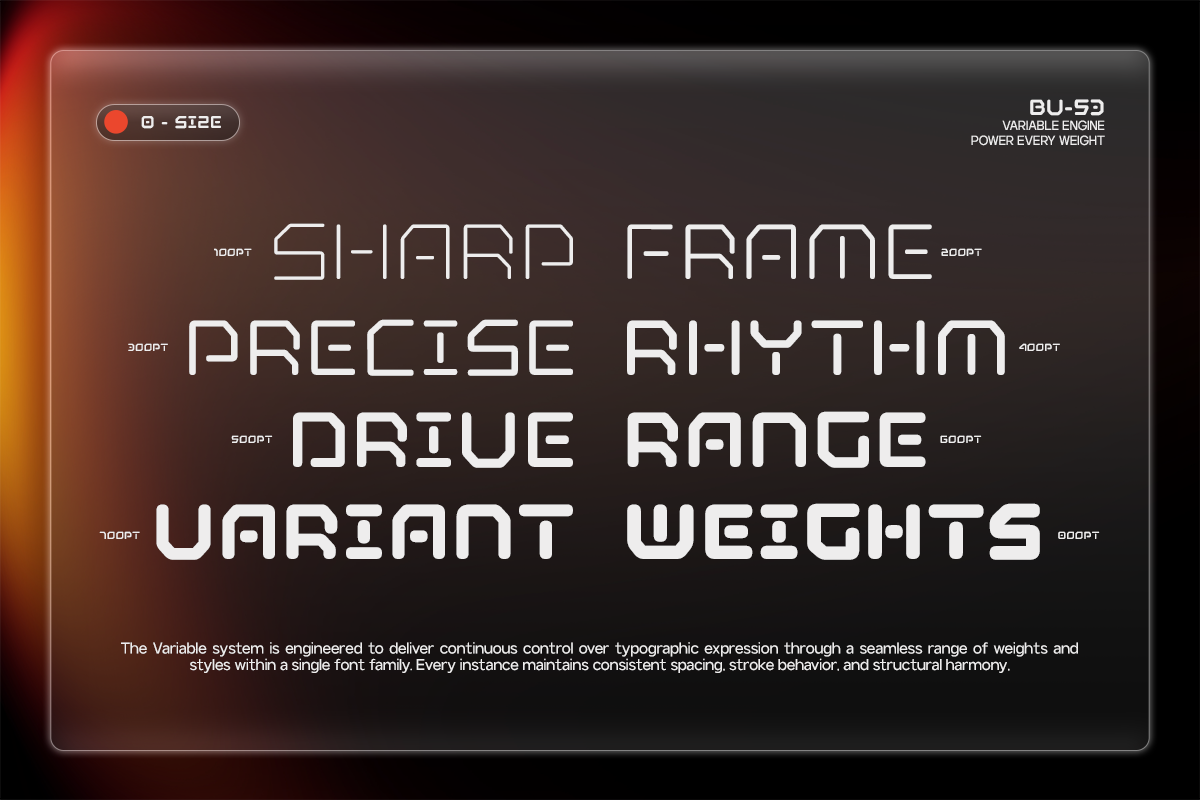 BU-53 variable font specimen showing sharp geometric letterforms with weight range display