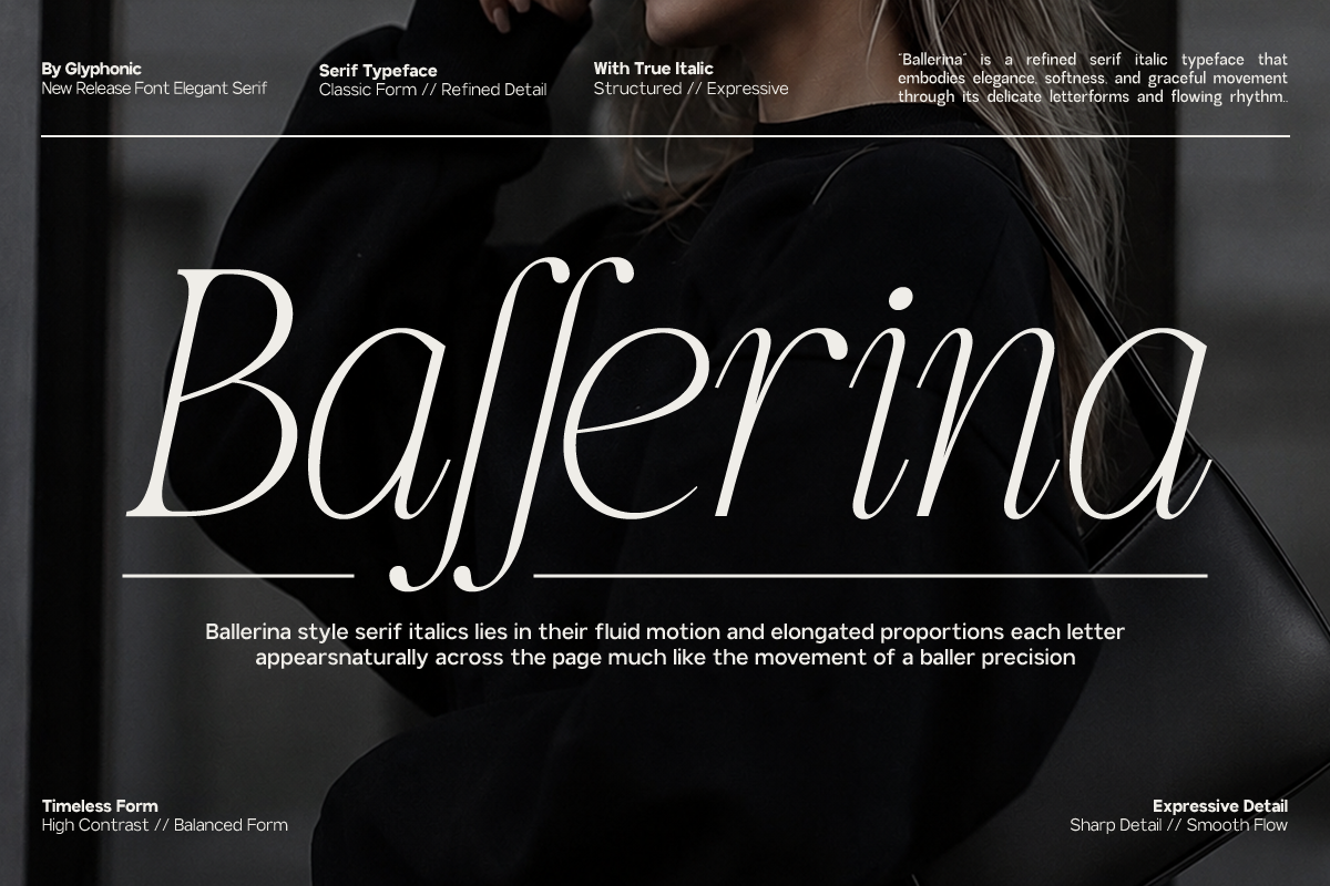 Ballerina serif italic font displayed in white on dark moody background with dancer