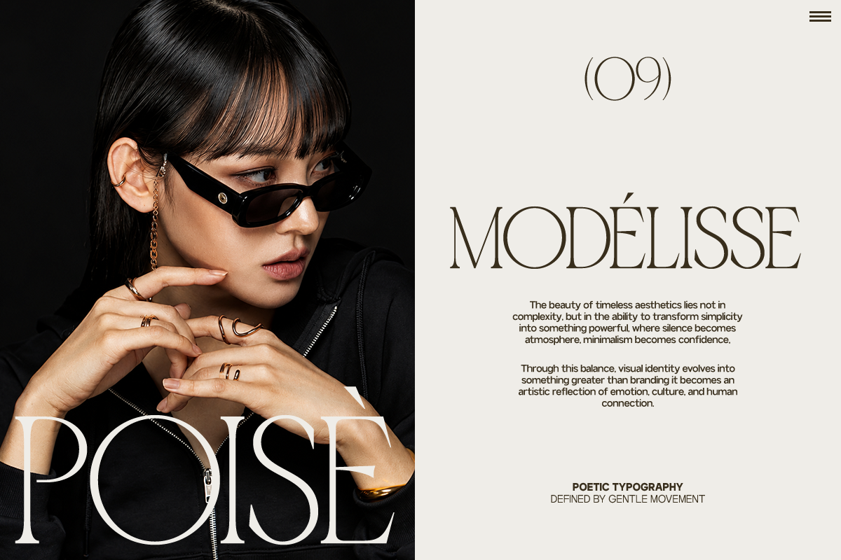 Woman in black sunglasses with gold chain jewelry posing against dark background next to minimalist serif typography layout