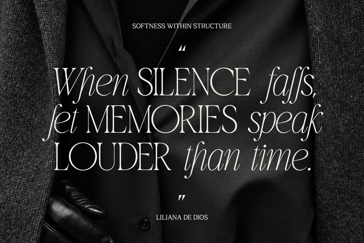 Elegant serif typography overlay on moody black fabric texture with quote about silence plus memories