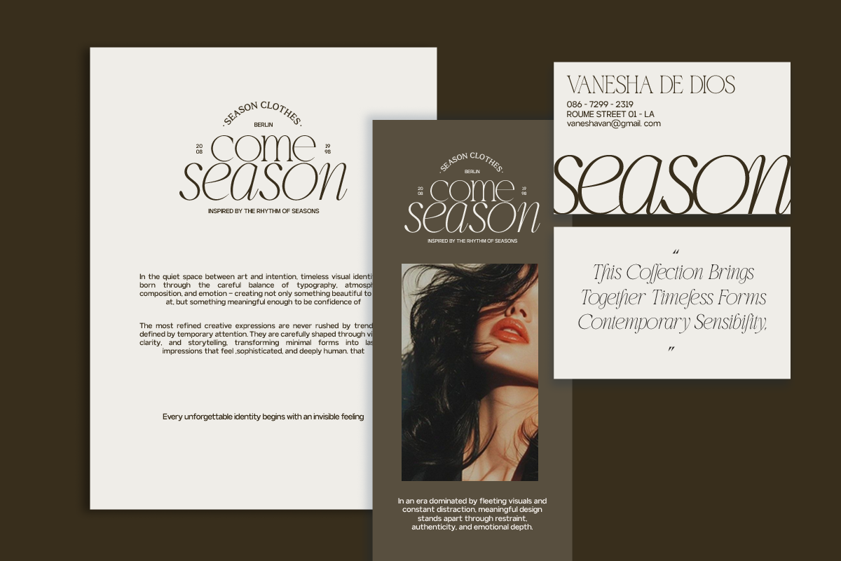 Fashion brand lookbook spread with elegant serif typography, business card, portrait photo on olive background