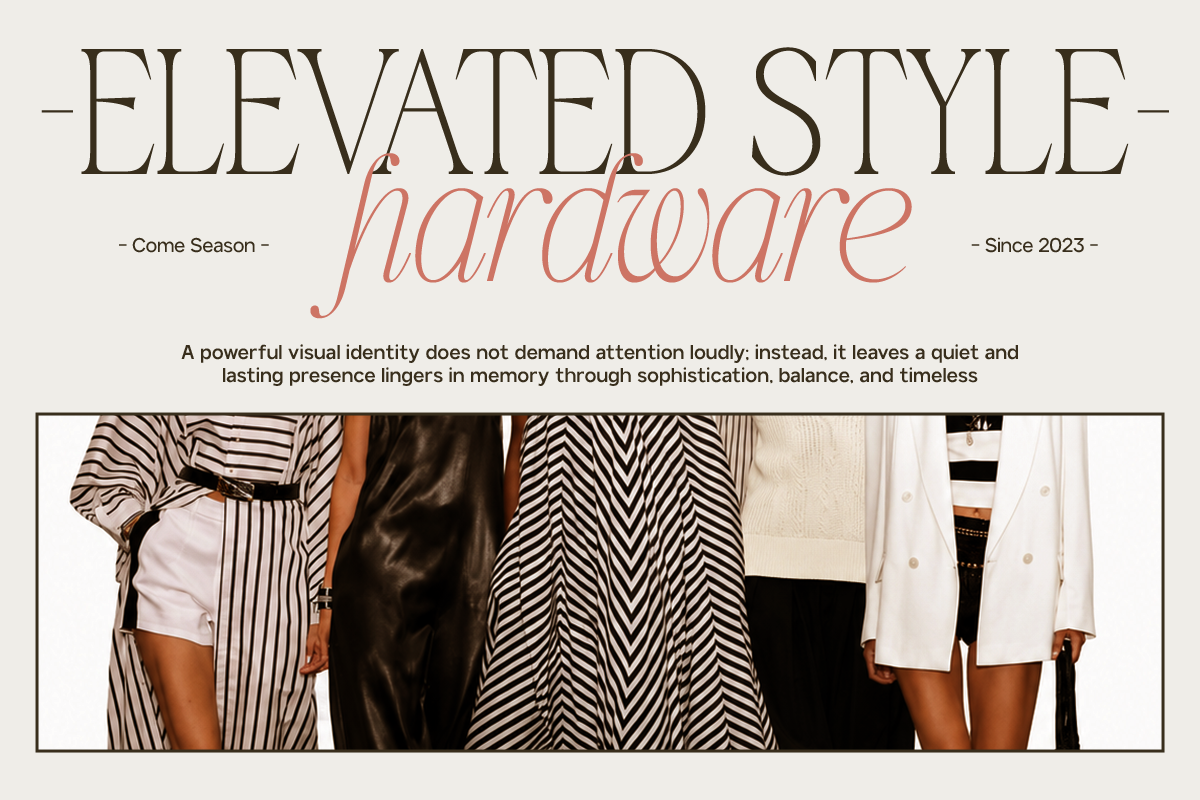 Elevated Style hardware branding with serif font, coral script, minimal aesthetic, fashion lineup photography