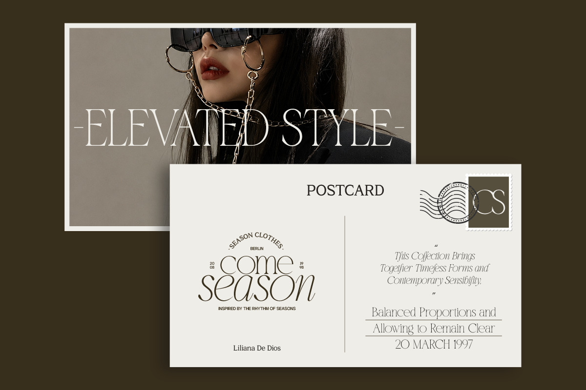 Elevated Style postcard mockup with moody fashion photo, minimal type layout, postal stamps