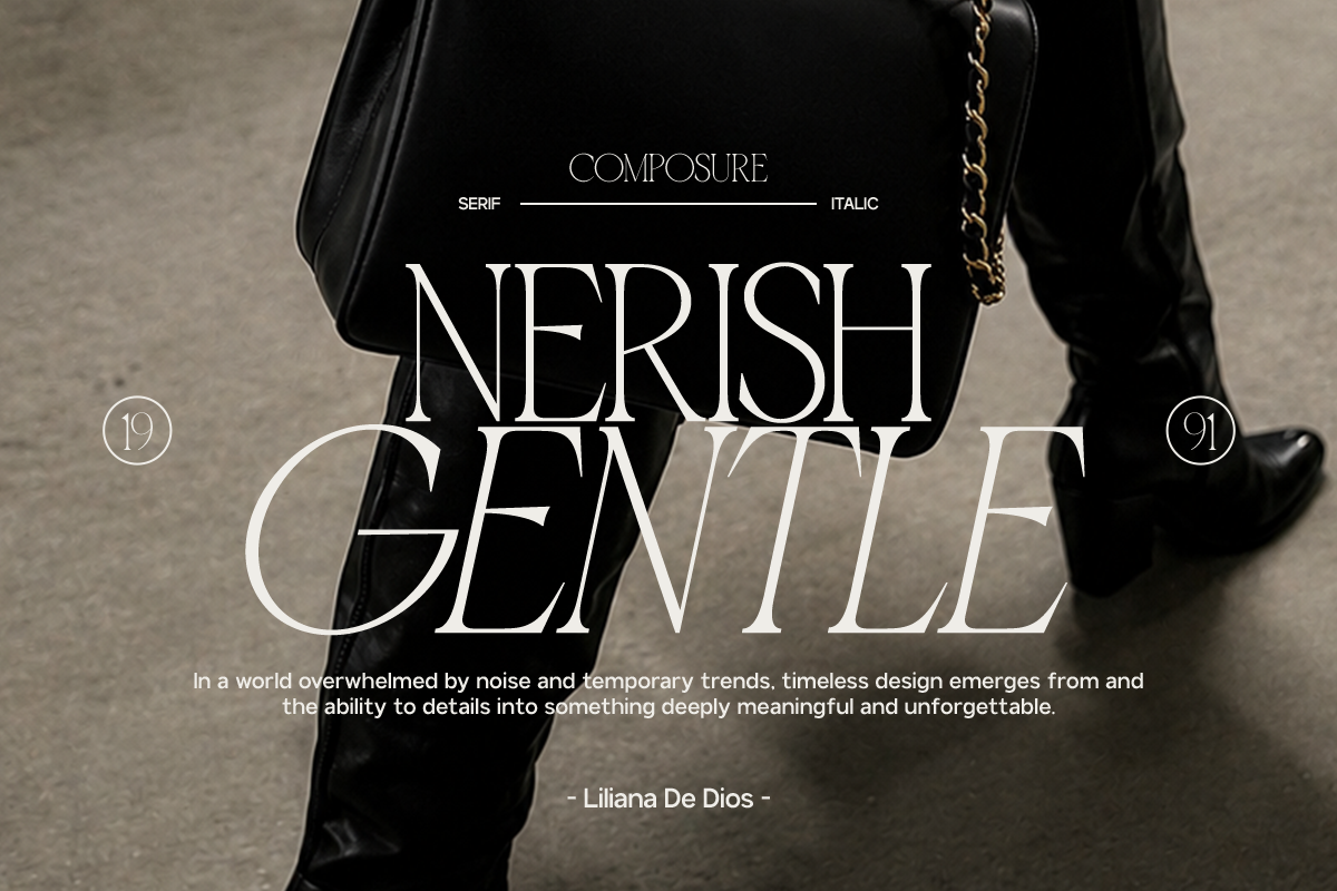 Nerish Gentle font display with elegant serif typography over luxury black leather bag styling