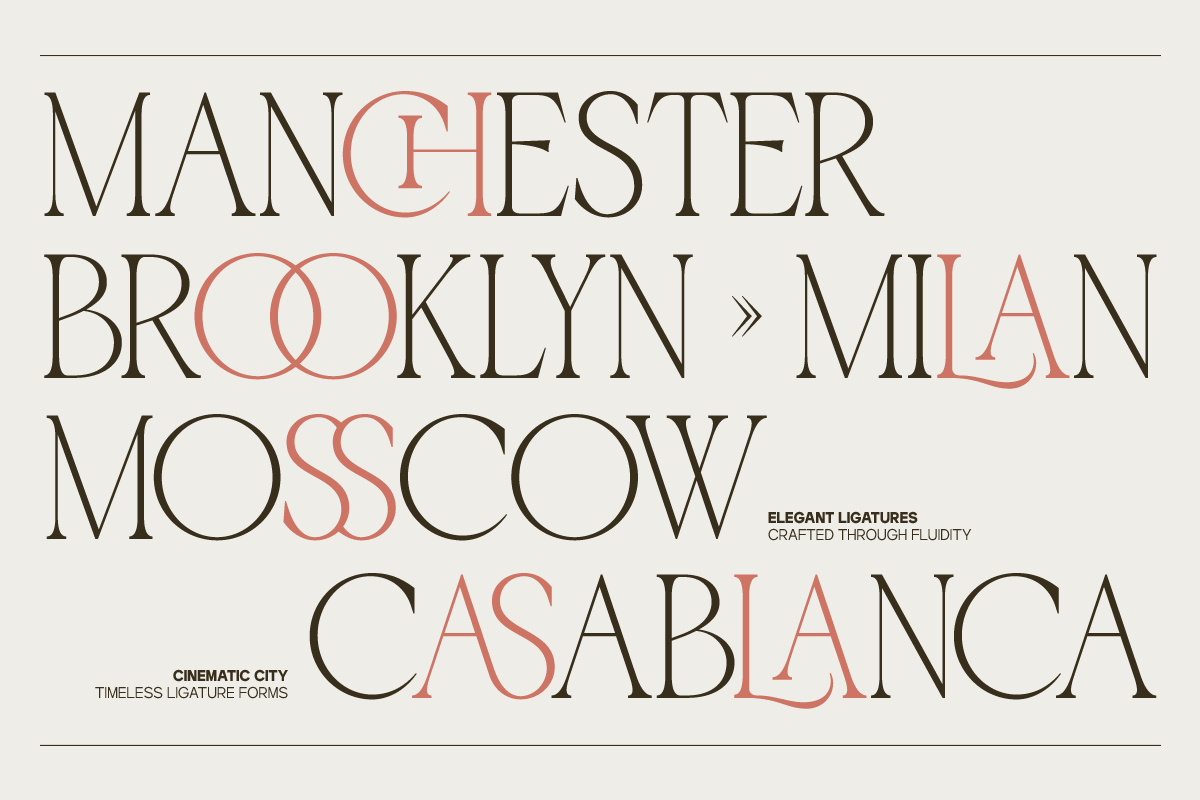 Elegant serif font with coral accents showing city names in timeless ligature styles