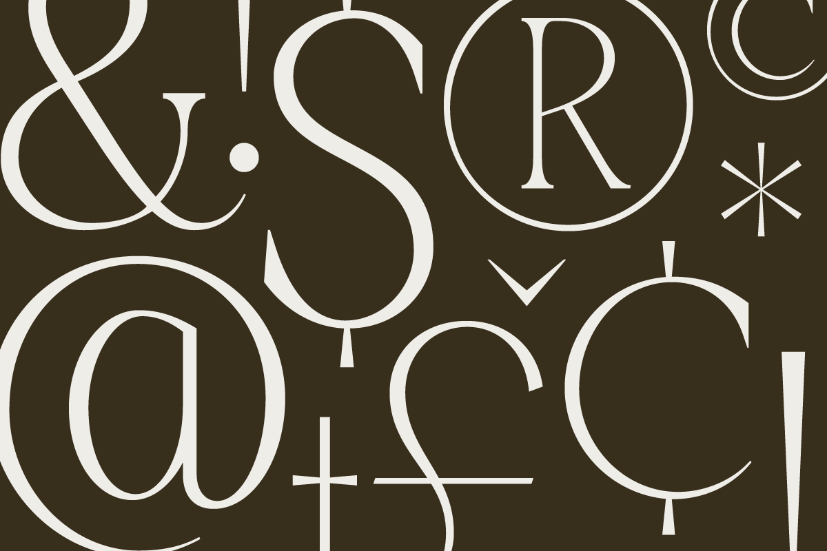 Organic serif font with geometric circles, curved lines, plus signs on olive background