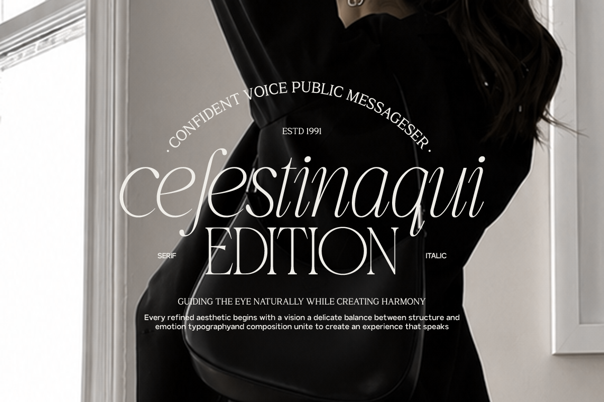 Celestimagui Edition serif italic font overlay on moody black jacket lifestyle shot with architectural framing