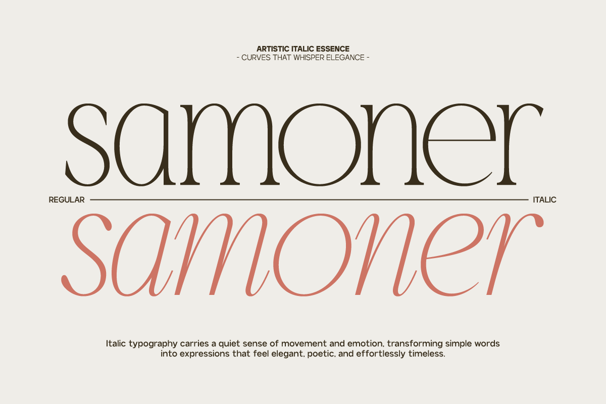 Samoner font showing regular vs italic styles with flowing curves in brown plus coral
