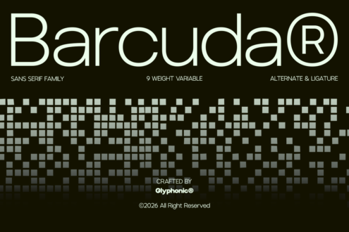 Barcuda sans serif font family with 9 weights, alternates, ligatures on dark background