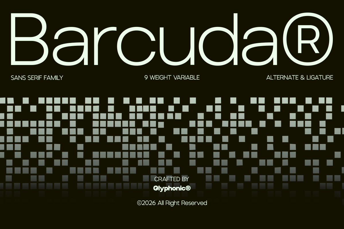 Barcuda sans serif font family with 9 weights, alternates, ligatures on dark background