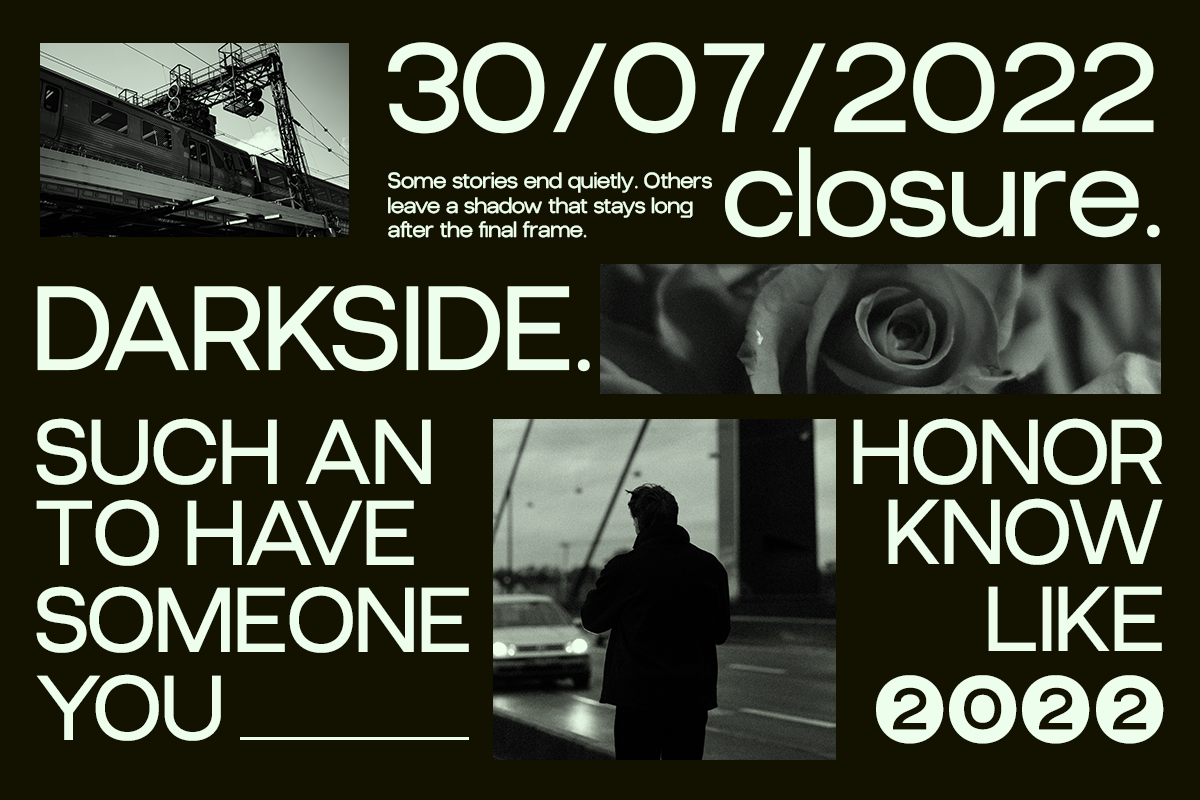 Dark moody collage with silhouette figure, industrial bridge, roses, dated 30/07/2022 with melancholic text overlay
