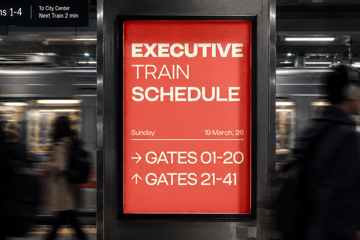 Bold red transit sign mockup showing Executive Train Schedule with gate directions