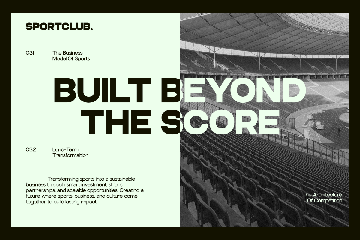 Sportclub branding mockup with stadium imagery, bold typography, sports business content