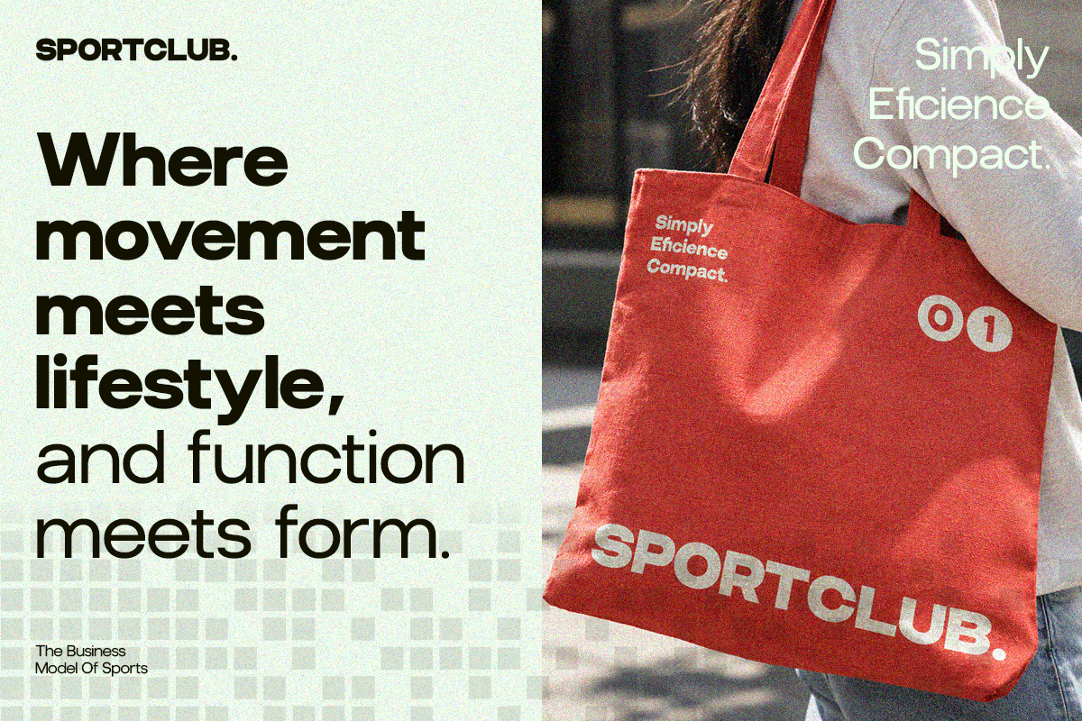 Bright red tote bag with "SPORTCLUB" branding slung over shoulder in lifestyle shot