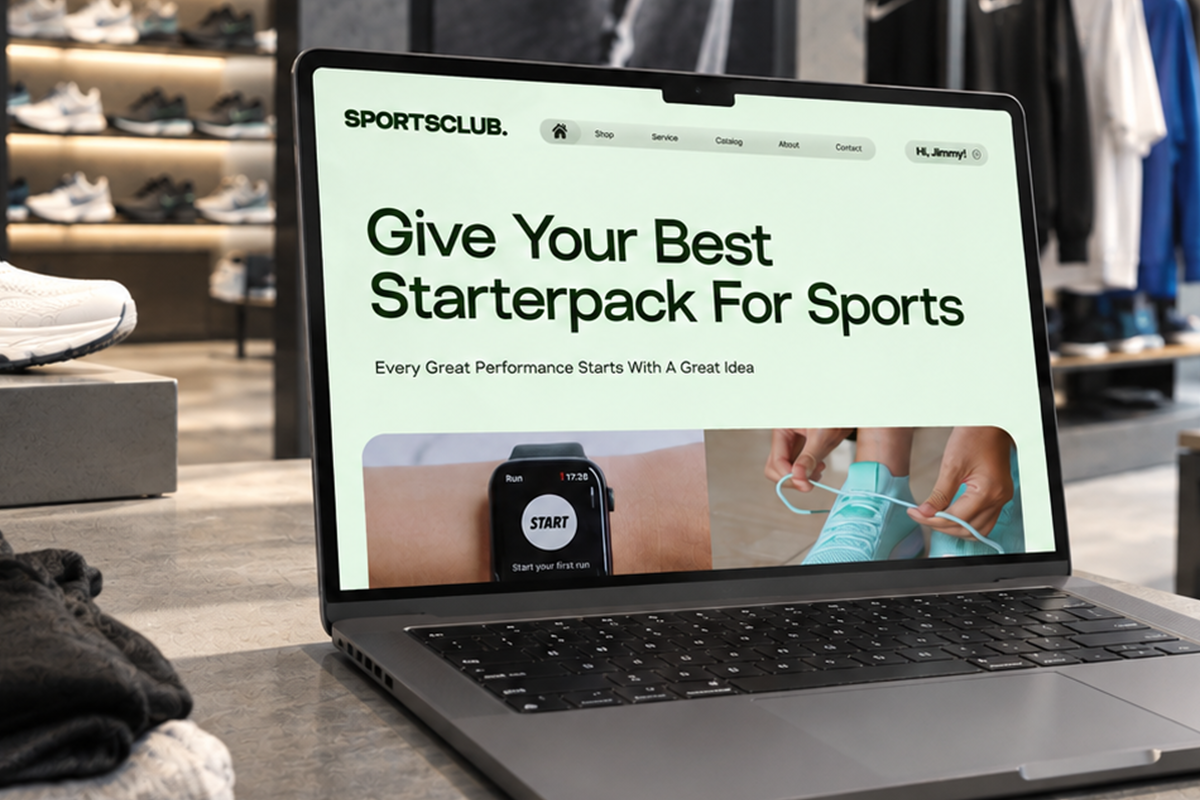 Laptop showing SportsClub website homepage with mint green background, bold typography, navigation menu, hero image of smartwatch plus sneaker lacing details