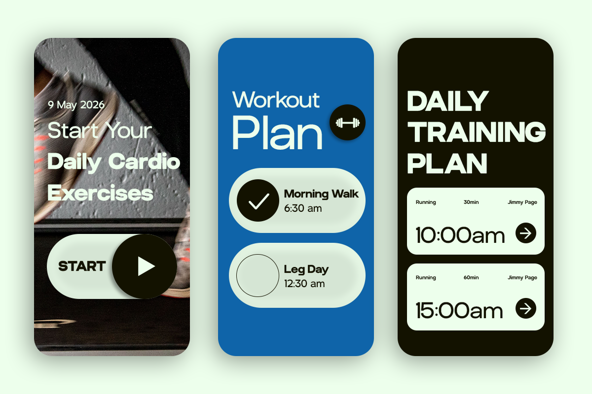 Three fitness app screens showing cardio exercises, workout plans with times, training schedule