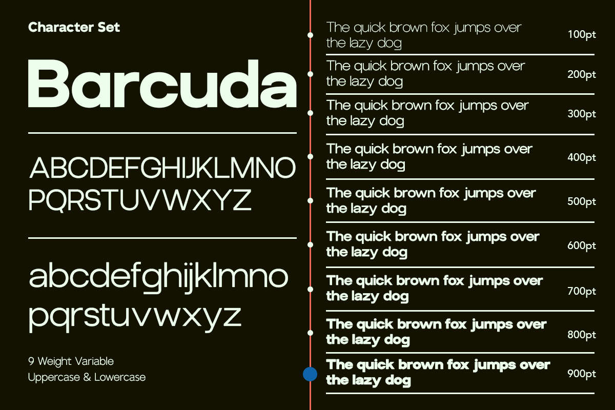 Barcuda font character set showing uppercase, lowercase, nine weights from 100pt to 900pt on dark background