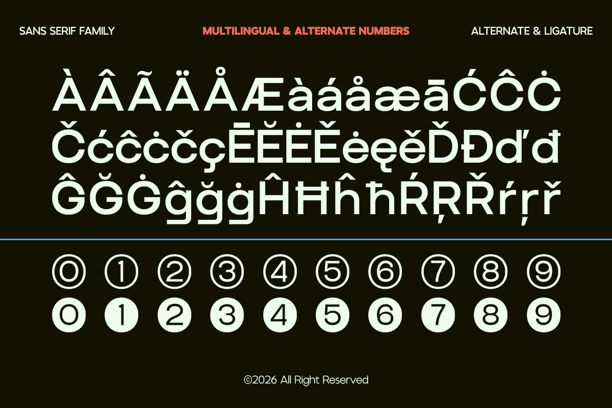 Sans serif font showcasing multilingual accents, ligatures, plus circled numbers with variations