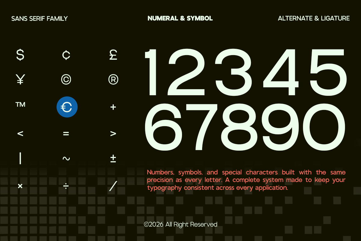 Font character set showing sans serif letters, numbers, symbols, currency signs, ligatures on dark background