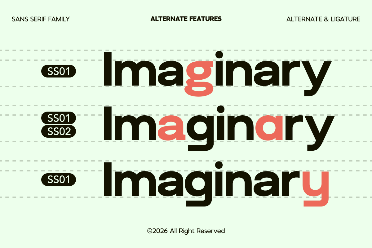 Modern sans serif font with alternate characters, ligatures shown in black with coral accents