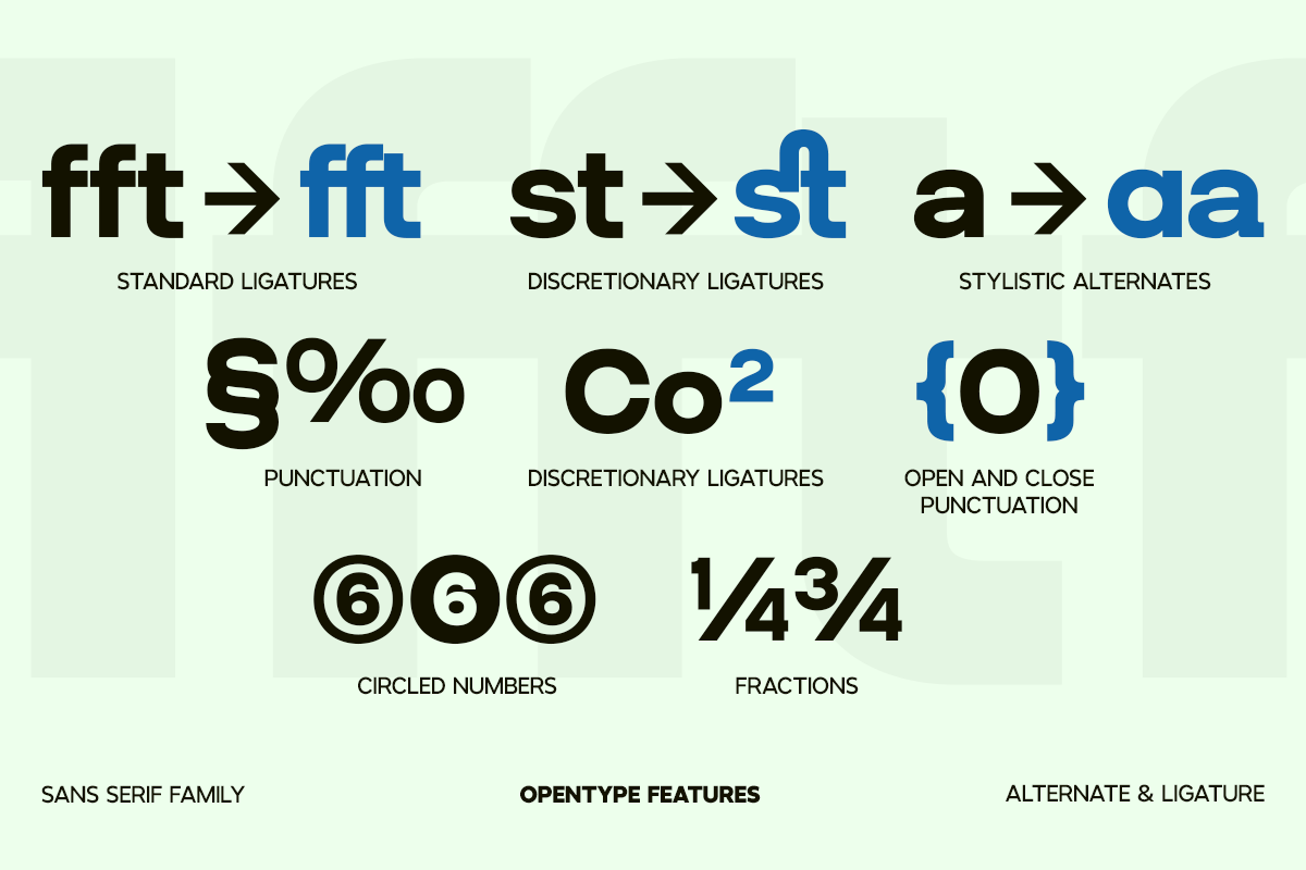 Sans serif typeface showing OpenType features like ligatures, stylistic alternates, circled numbers, fractions