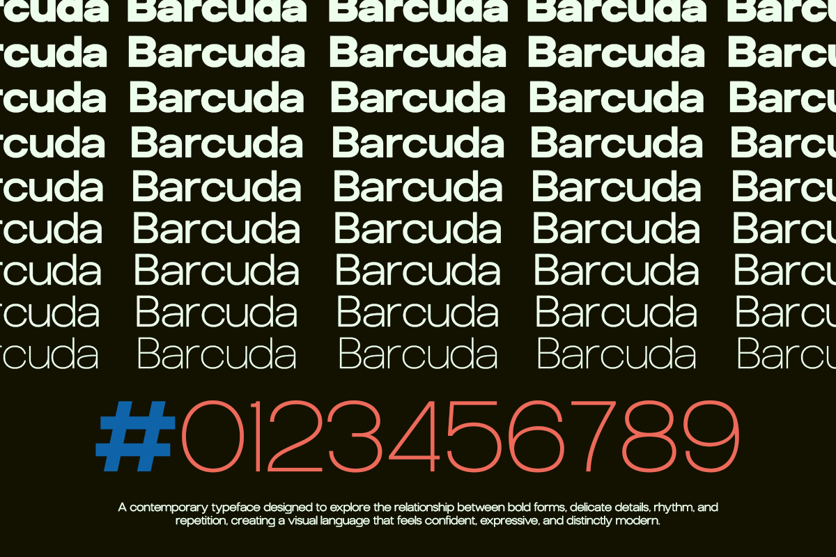 Barcuda typeface specimen showing bold repeating text with coral hex code on black background