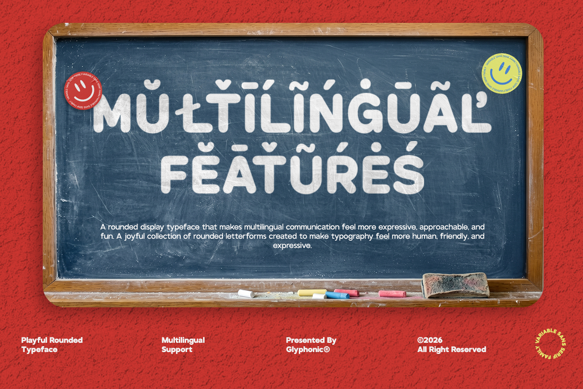 Vintage chalkboard with rounded multilingual typeface on red textured background