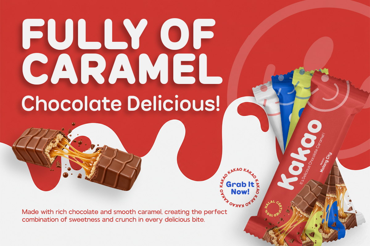 Chocolate caramel candy bar packaging mockup with dynamic splash effects on red background