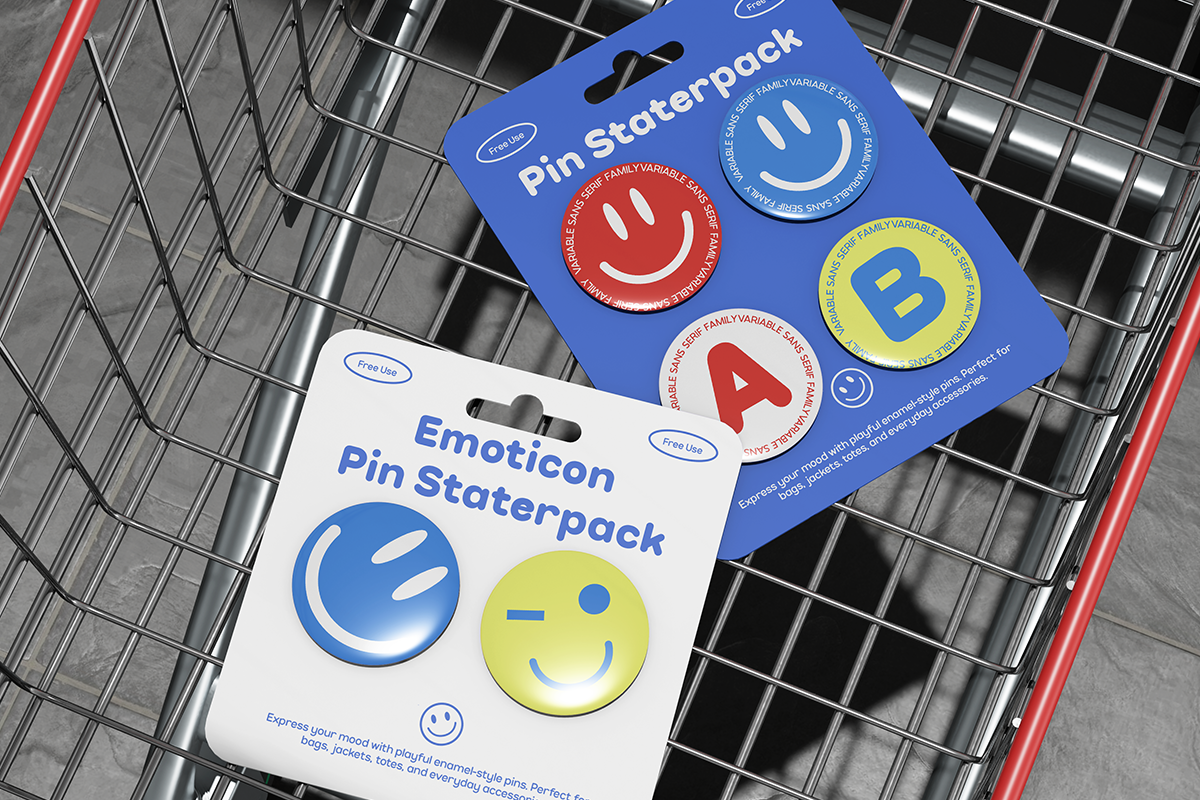 Emoticon pin staterpack mockup showing colorful smiley face badges in shopping cart