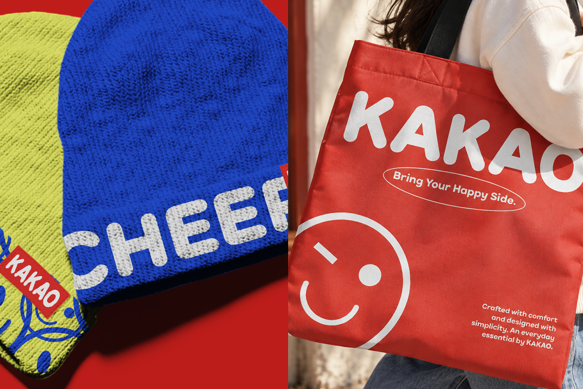 Bright KAKAO merch mockup with blue beanie, lime knit, red tote bag on colorful background