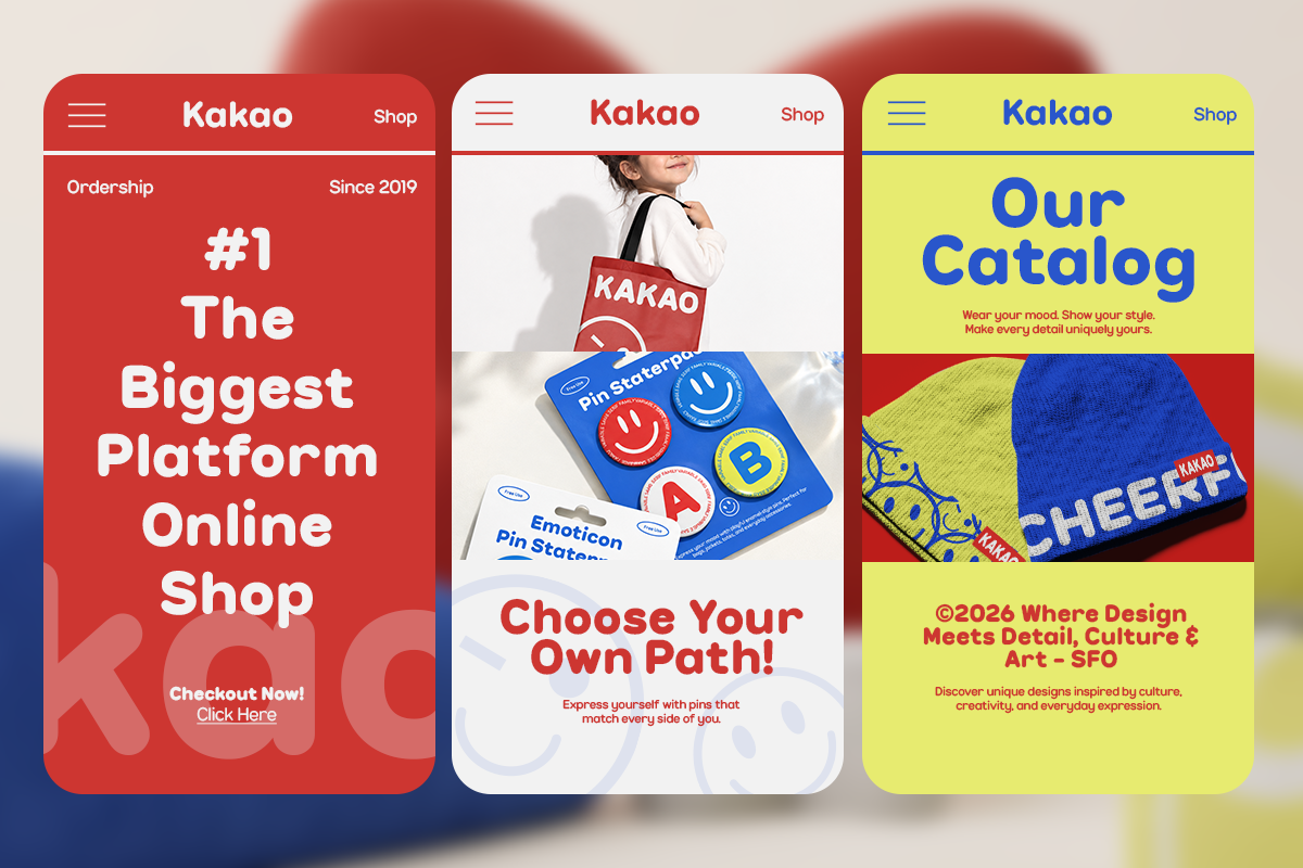 Mobile app screens for Kakao shop with red, white, plus yellow color schemes displaying products
