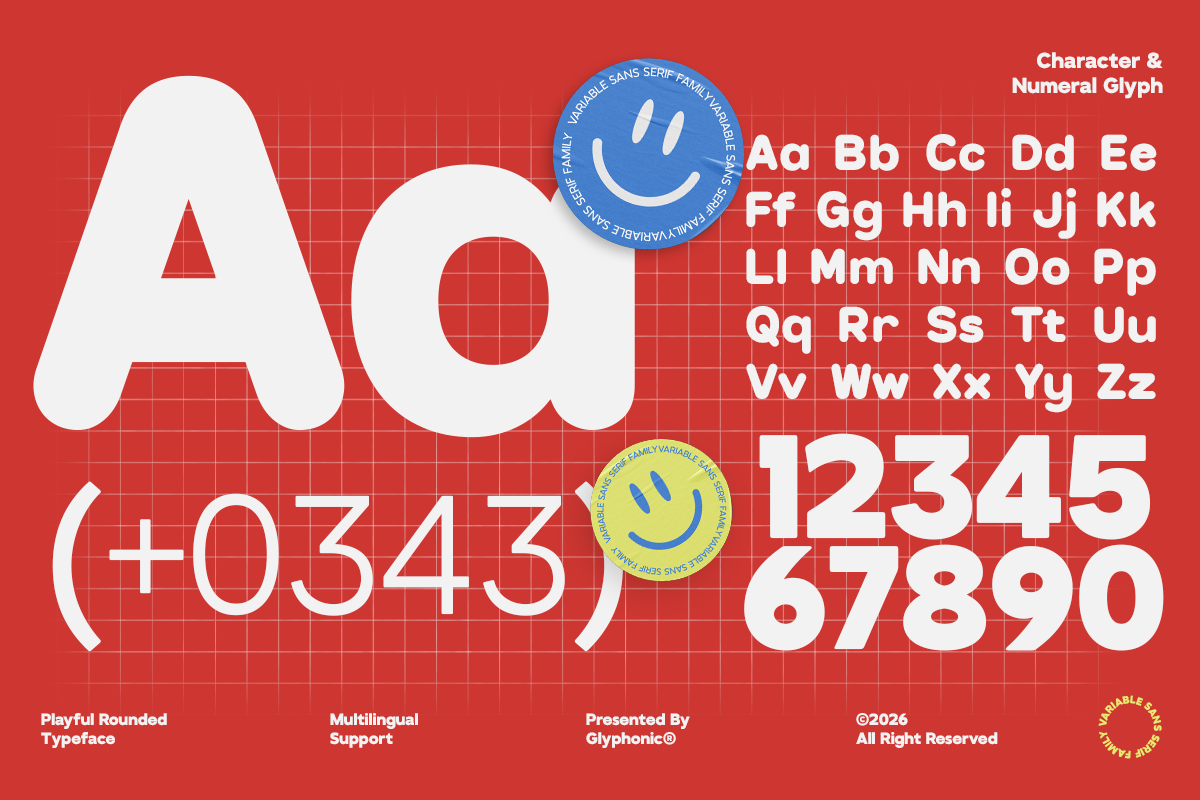 Playful rounded sans serif font with full character set, numbers, symbols on bright red background with smiley badges