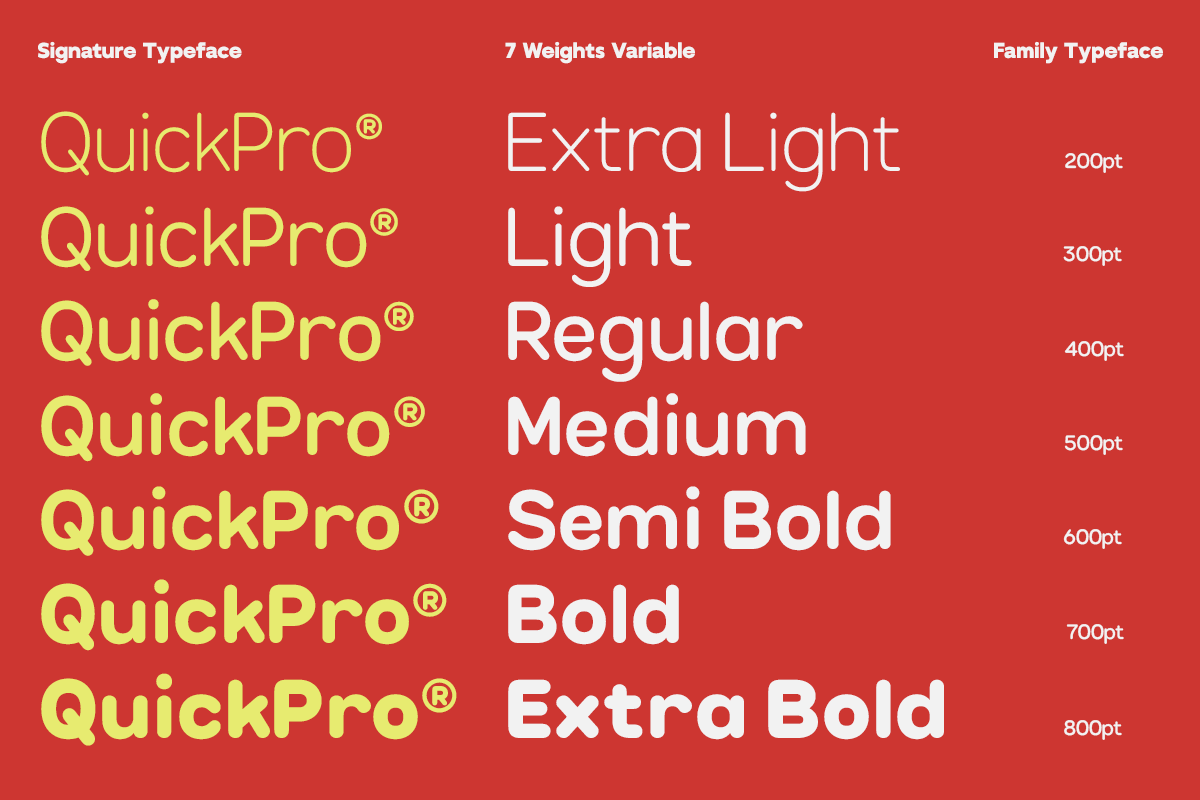 QuickPro typeface family showing 7 weights from Extra Light to Extra Bold on red background