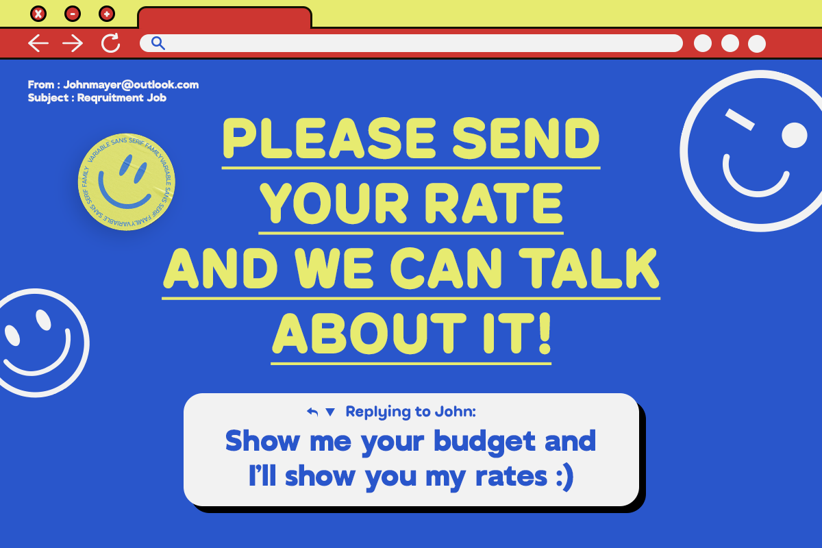 Retro browser email mockup with bold yellow type on blue background, smiley faces included