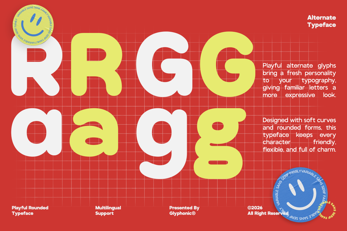 Playful Rounded typeface with soft curves plus alternate glyphs in white, yellow on red grid background