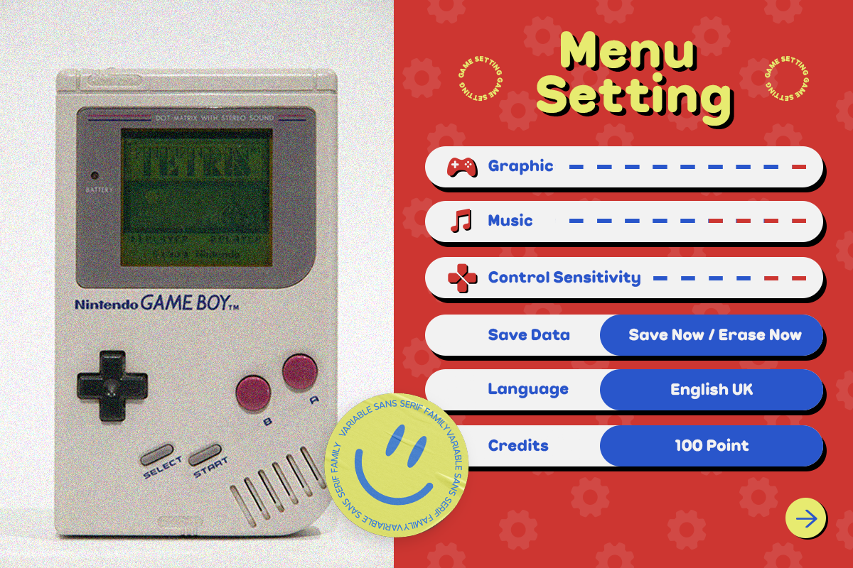 Retro Game Boy next to bright red menu screen mockup with settings options