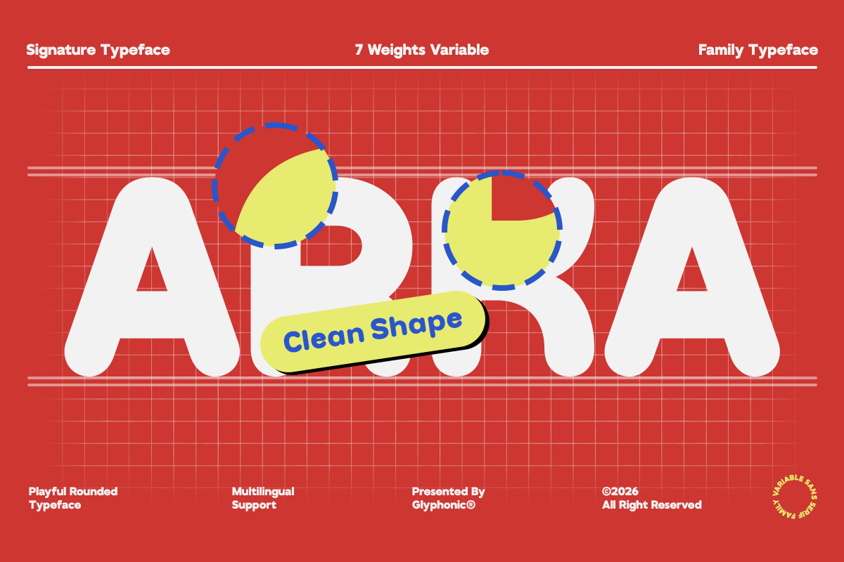 Rounded typeface specimen showing playful letterforms with yellow shape overlays on red background
