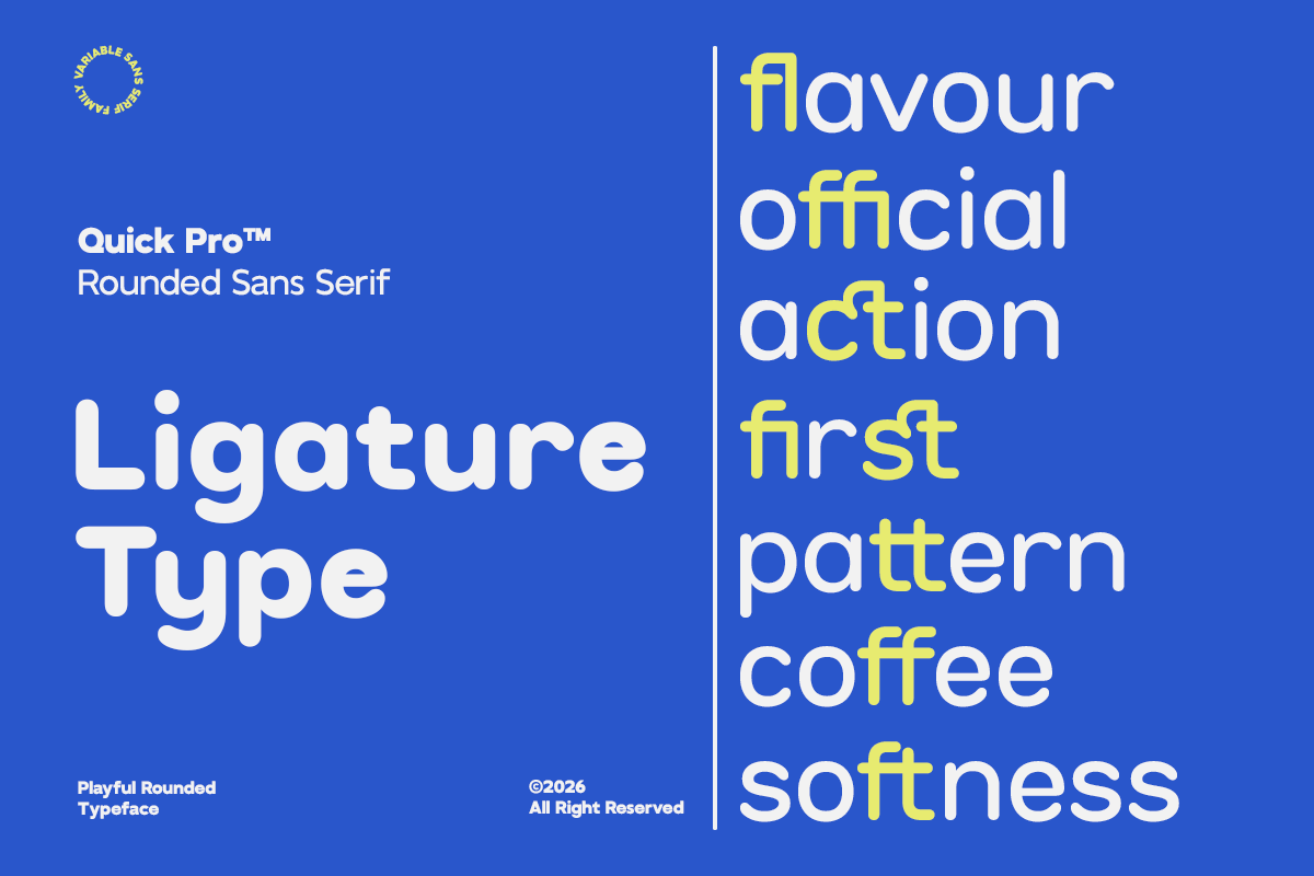Quick Pro rounded sans serif font displayed on bright blue background with sample text