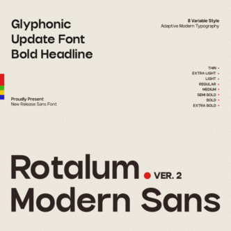 Rotalum Modern Sans typeface showing 8 weight variations from thin to extra bold with color swatches
