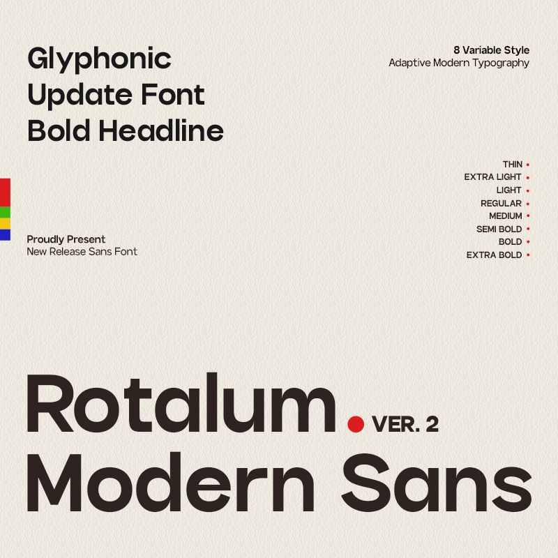 Rotalum Modern Sans typeface showing 8 weight variations from thin to extra bold with color swatches