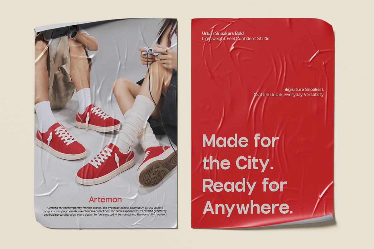 Brochure mockup showing red sneakers with marketing copy on cream background