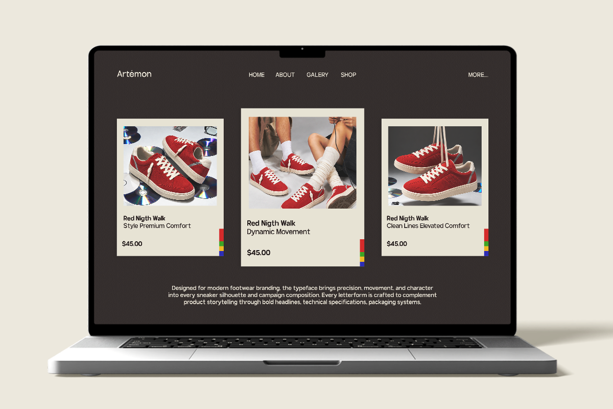 Laptop screen showing Artémon website with red sneaker product gallery, dark navigation header, price tags